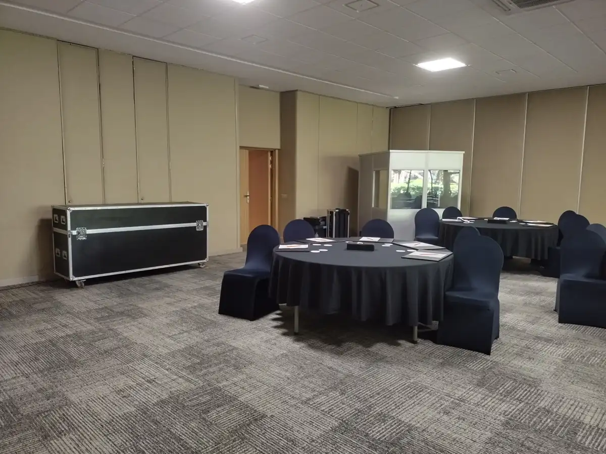 fulbridge mobile interpreter booth and equipment cases in a training room in Marrakech